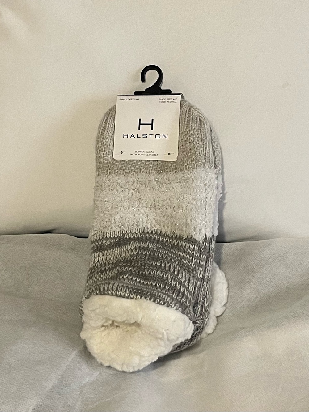 Halston Heritage Gray & Cream Plush Fuzzy Slipper Socks